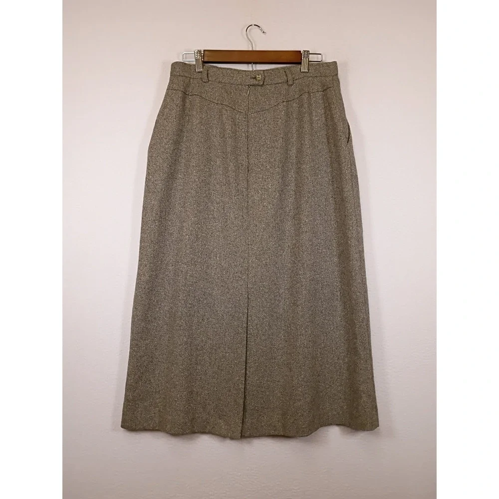 Dark Academia David Brooks Womens 14 Brown Wool Blend Tweed Midi Skirt Slit